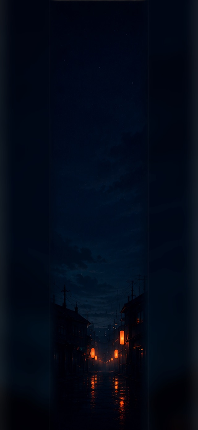 Vast deep-indigo night sky above a dark Tokyo street where a few small orange lanterns glow near rooftops and power lines