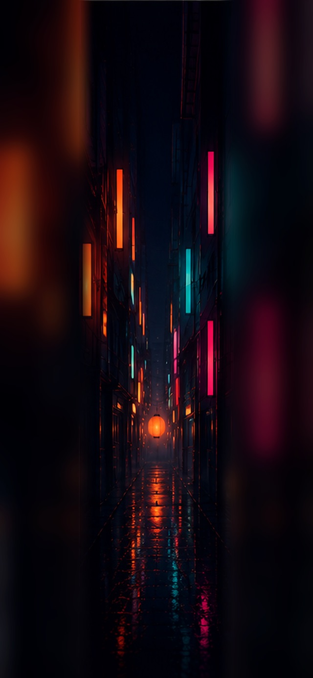 Narrow dark Tokyo alley lined with blank glowing neon panels in orange, pink, and cyan, a small lantern at the far end