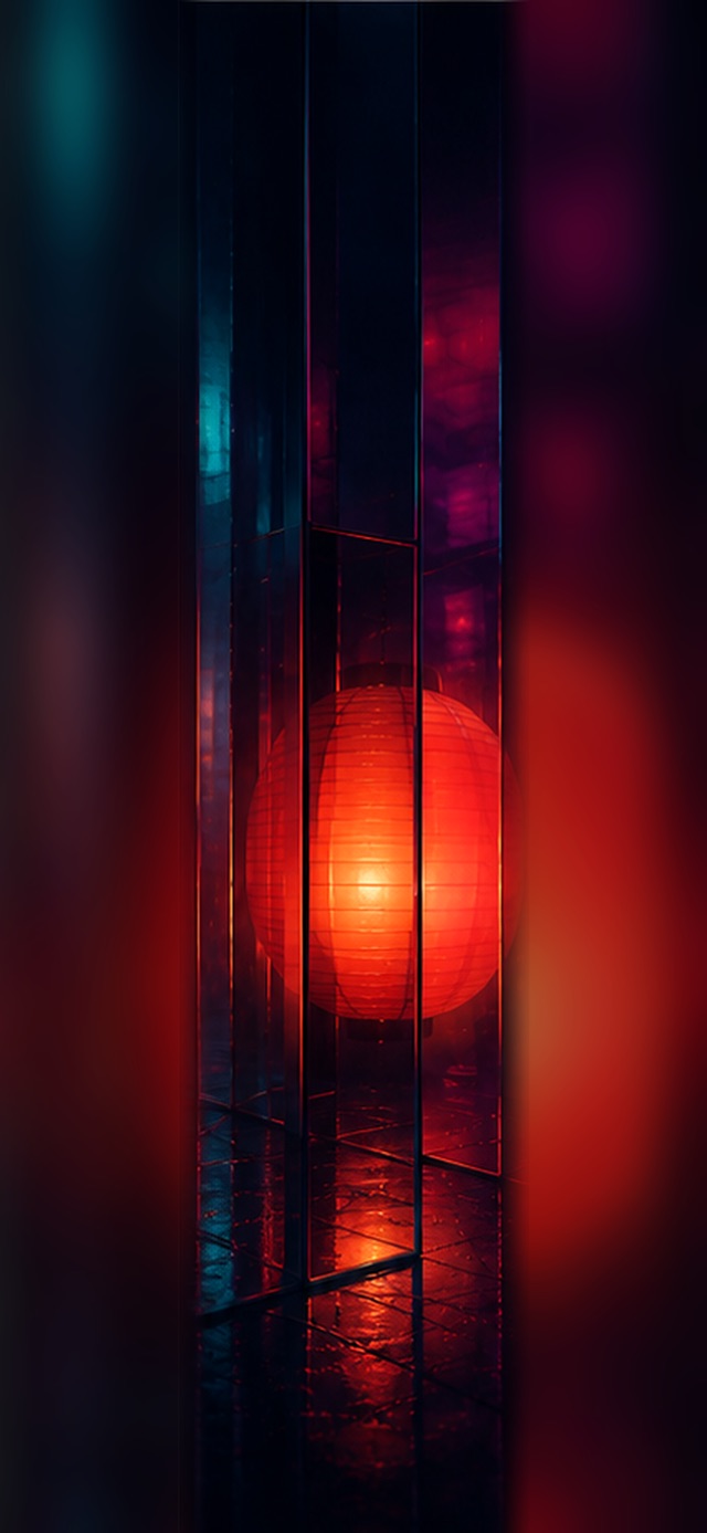 Round glowing red-orange paper lantern refracted through dark mirrored glass panels with magenta and teal reflections