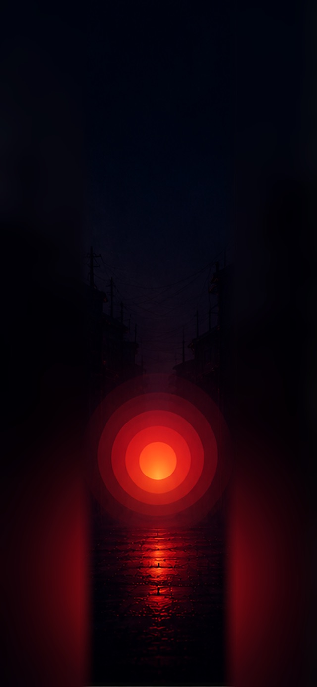 Concentric glowing red-orange circles over a dark Tokyo alley at night