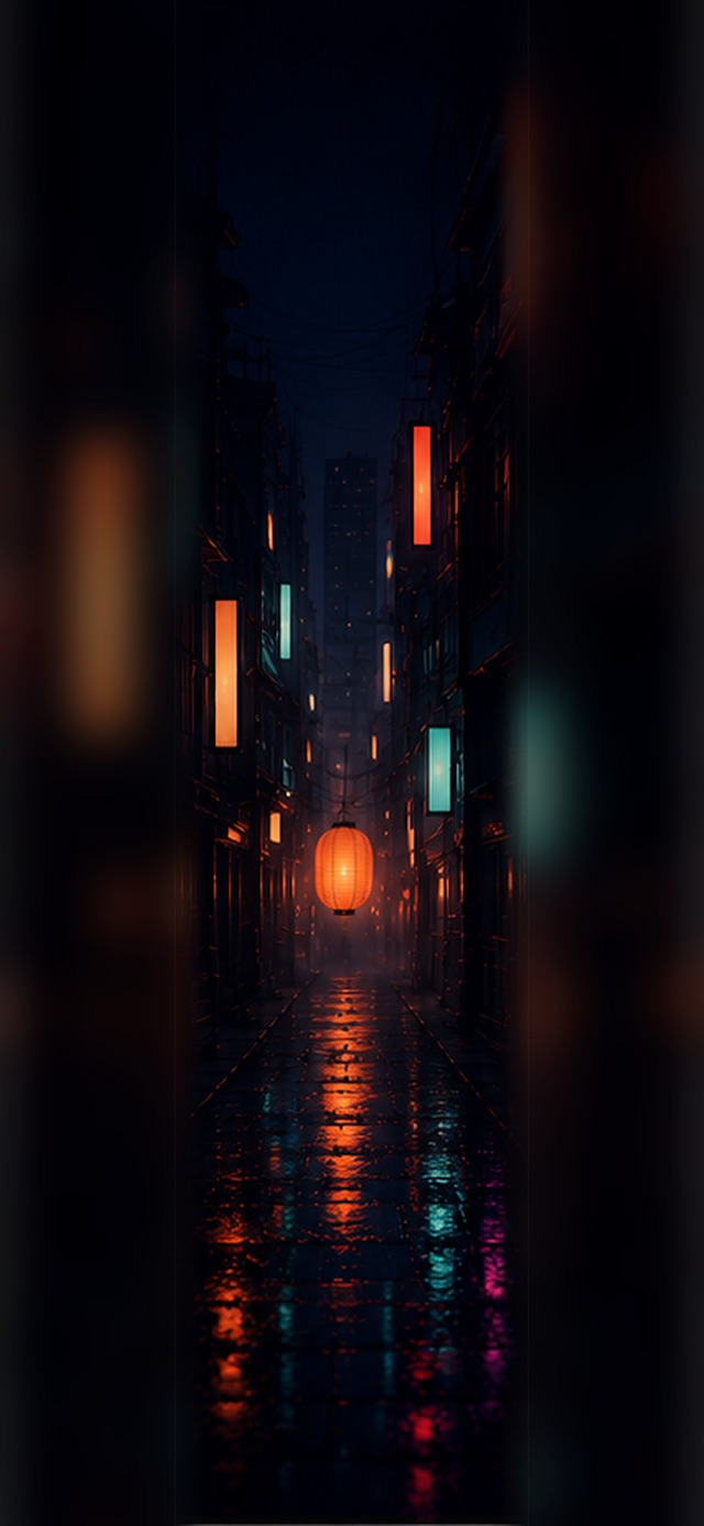 Glowing orange paper lantern in a narrow Tokyo alley at night with colorful neon sign panels